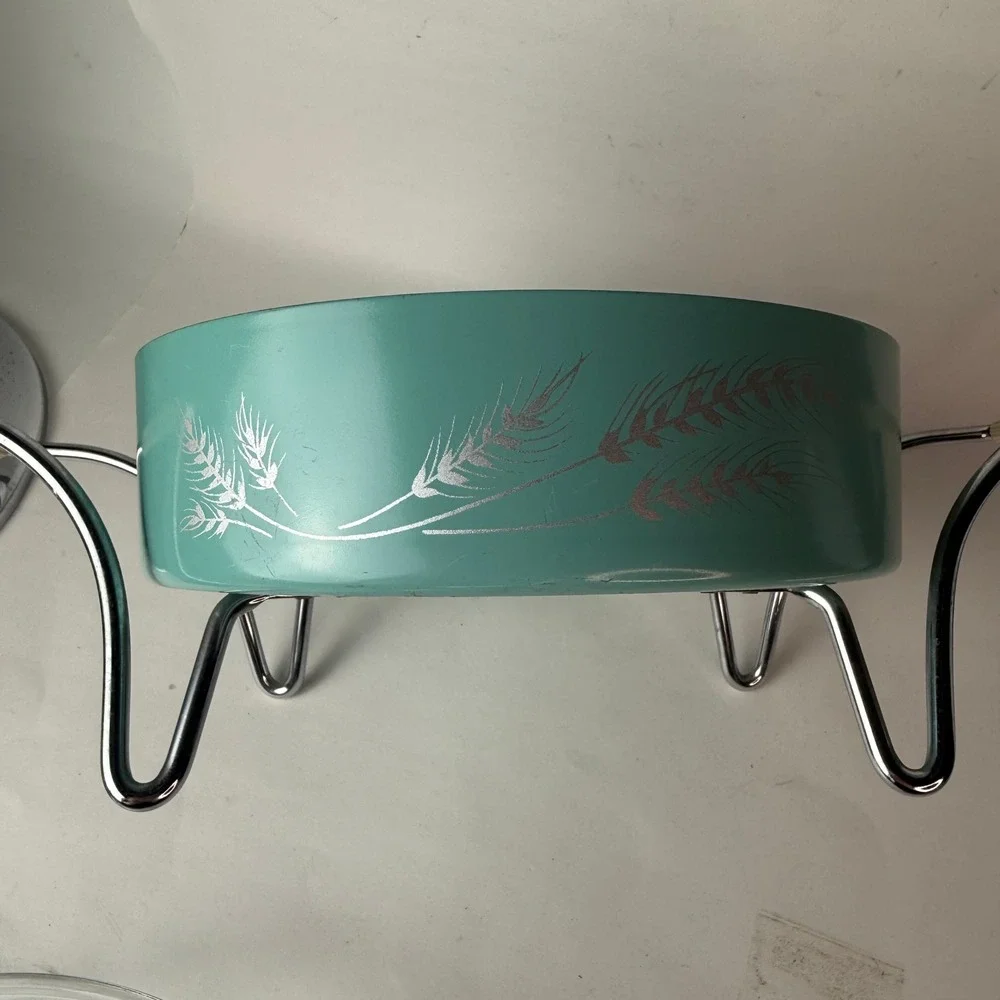 RARE Vtg Pyrex Atomic Turquoise Wheat 595 Chafing Serving Dish Chrome Cradle Lid